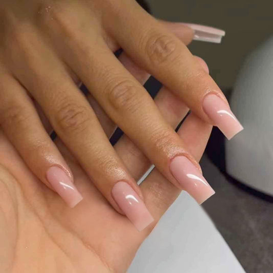 KQueenest Light Pink Press on Nails Long Medium Square, Nude Pink Fake Nails Medium Coffin, Glossy Sheer Color Acrylic Nails Press ons, Reusable Soft Gel Glue on Nails for Women Summer