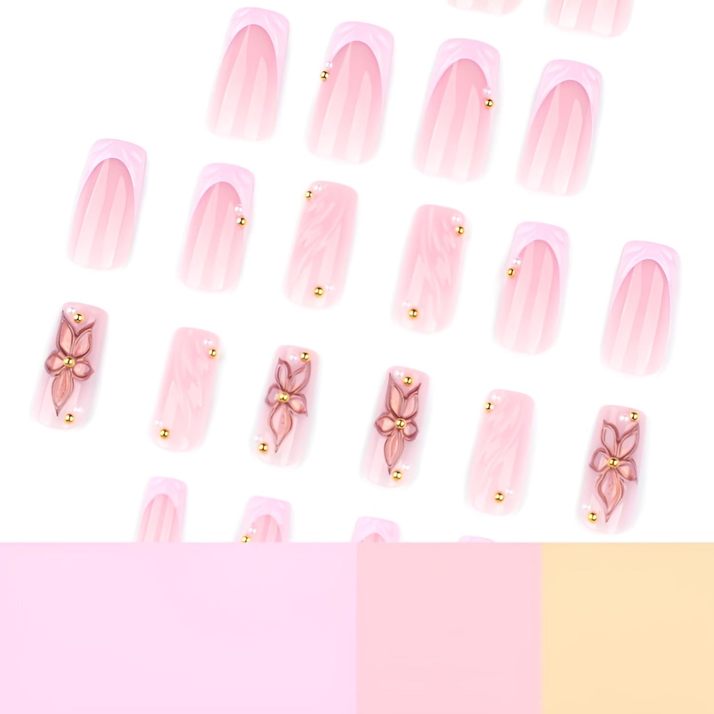 Pink French Tip Fake Nails Medium Square Press on Nails Flower False Nails Pink Nails Press Ons Glossy Full Cover Stick on Nail with Gold Rhinestones Design Acrylic Glue on Nail for Women Set 24Pcs