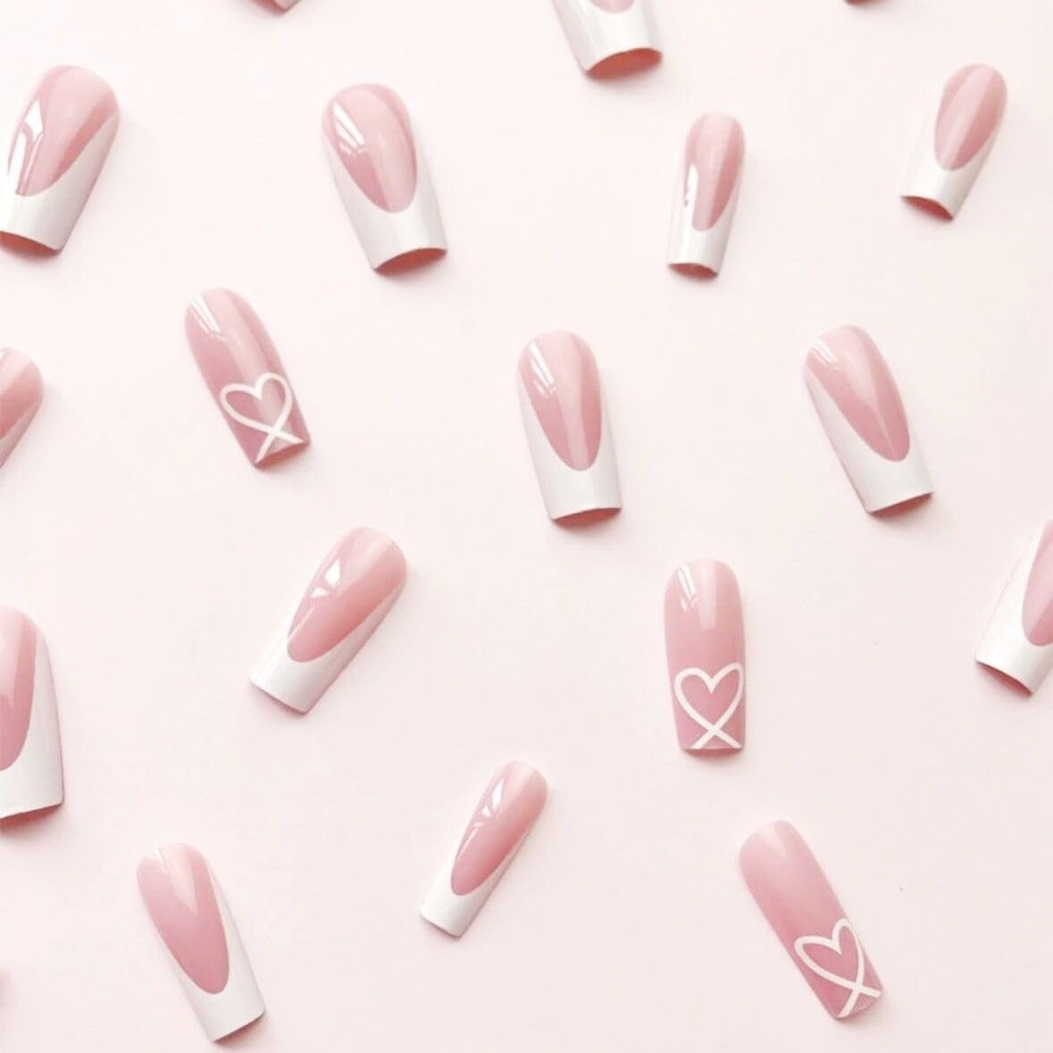 White French Tip Press on Nails Coffin Medium With Heart Design Glue on Glossy Full Cover Cute Acrylic for Women Manicure Kit 24Pcs