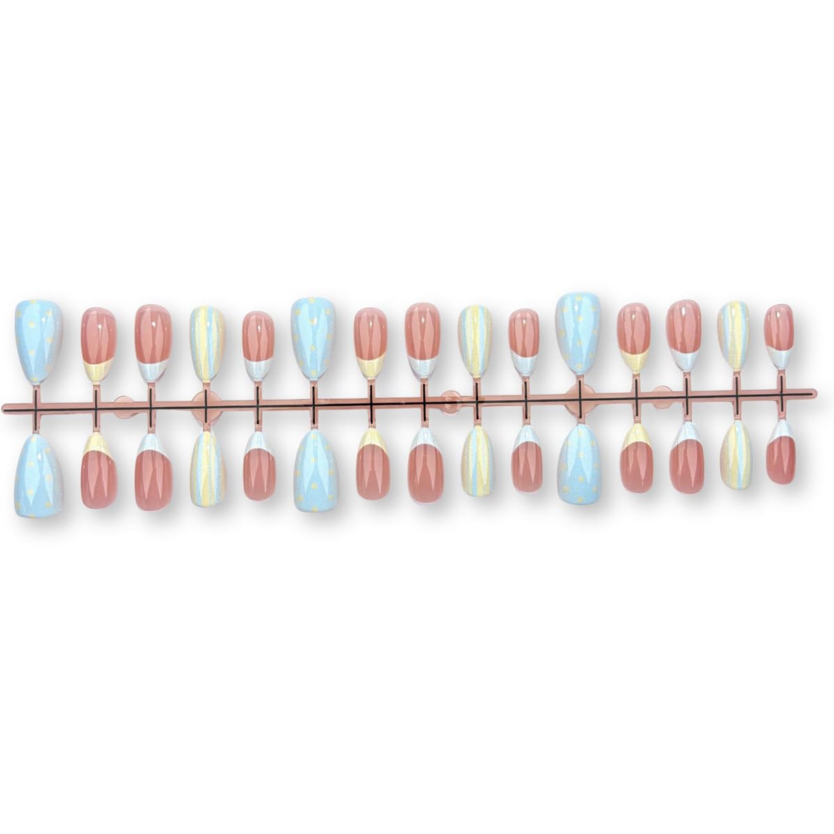 Short Almond Press On Nails - French Tip with Polka Dot & Striped Design, Light Blue Yellow Shades, 30Pcs - Cute, Reusable