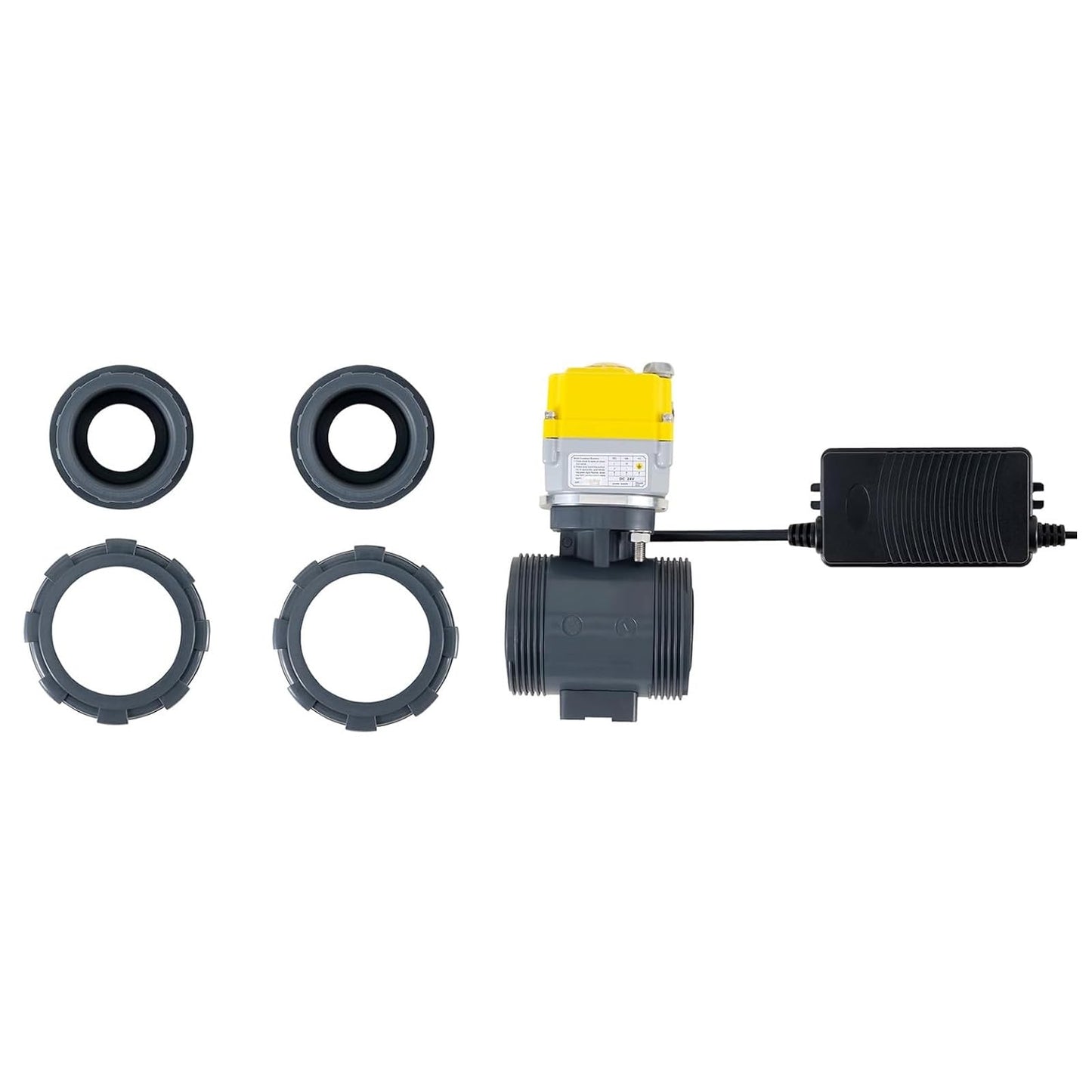 Electric ball valve 1/2 inch full bore 2-way PVC union ball valve, DC24V AC110V-230V power adapter and automatic return setting. Normally closed electric water valve DN40MM