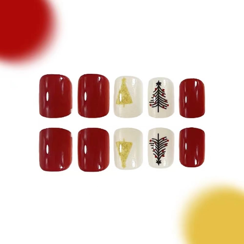 Christmas Press on Nails Short - Square Fake Nails with Xmas Tree Design - Red Full Cover Stick on False Nails - for Women 24 Pcs