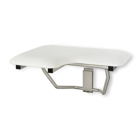 Seachrome Lift-Assist Shower Seat, L-Shaped Right-Hand, ADA, Wall Mount, Padded White Naugahyde