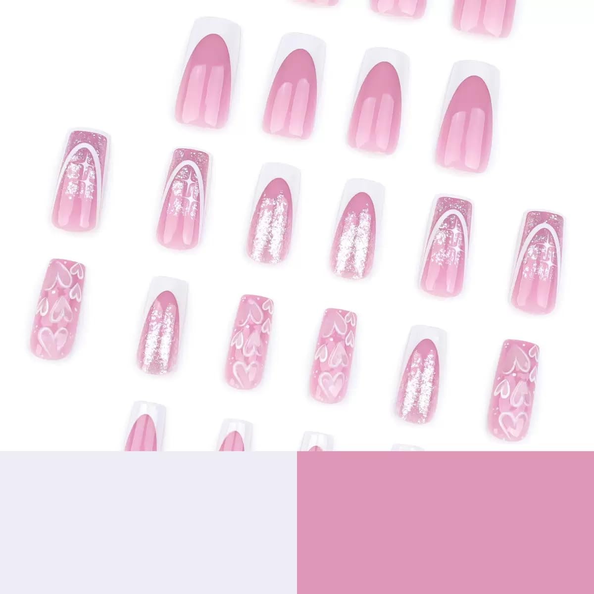 CTTHNBD Press on Nails Square - Medium Pink Fake Nails with Heart Desgin - White French Tip False Nails Press ons - for Women 24 Pcs