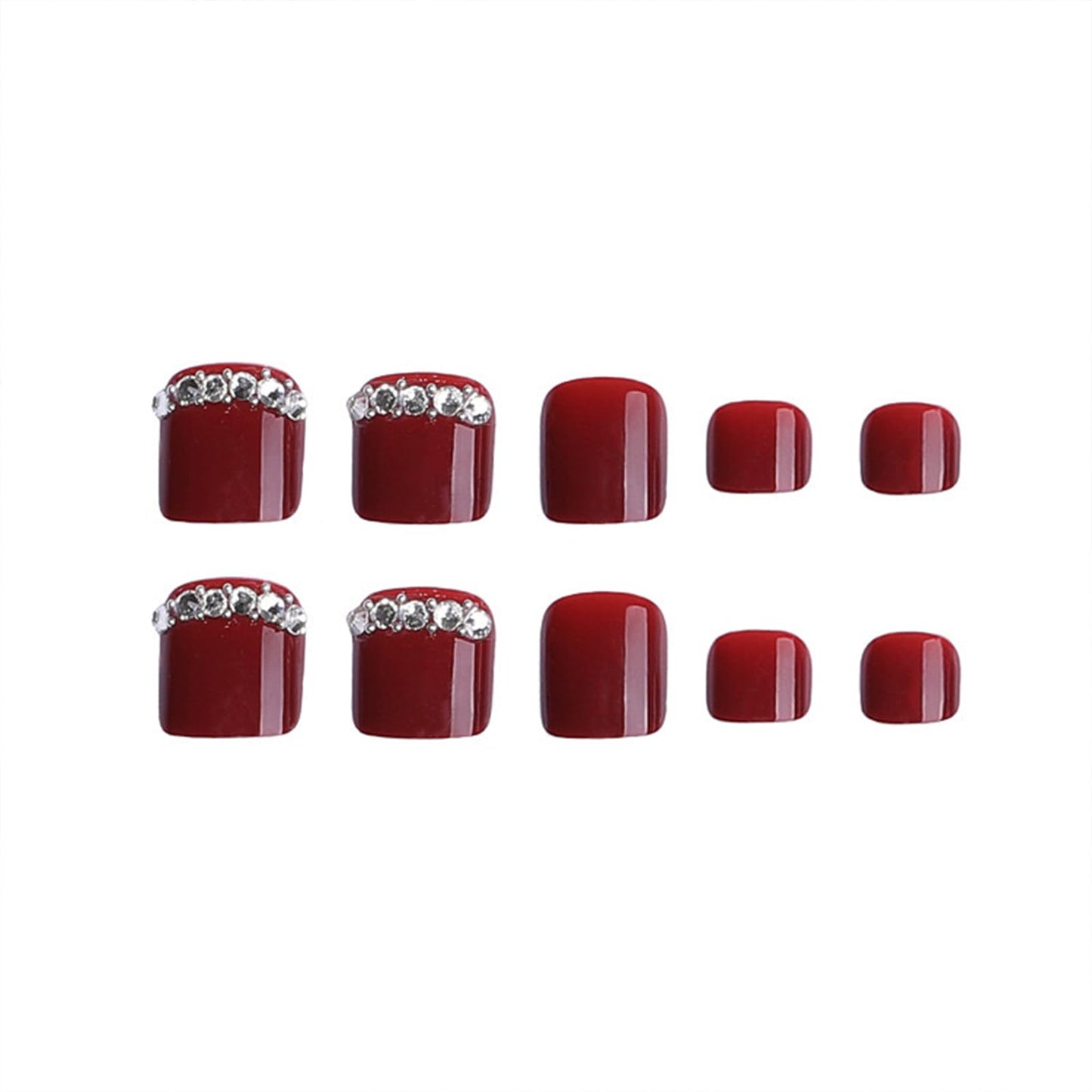 Press on Toenails Red Fake Toe Nails Rhinestones False Toenails Glossy Full Cover Acrylic Glue on Toenails with Designs Cute Toe Press on Nails Artificial Stick on Toenails for Women Manicure 24Pcs
