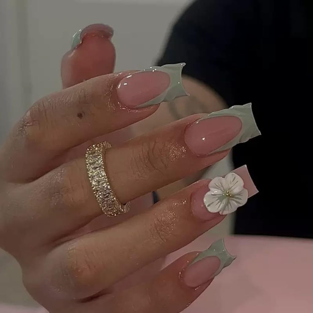 CTTHNBD Medium Press on Square Nails - Green French Tip Fake Nails with Flower Design - 3D, Spring False Nails for Women 24 Pcs