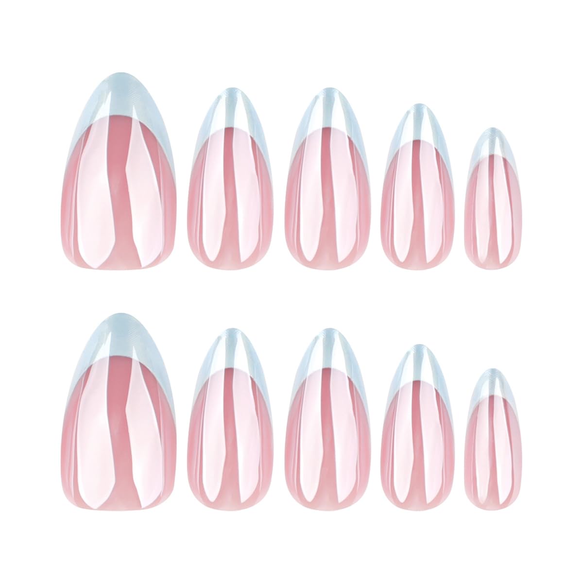 Blue French Tip Press on Nails Medium Almond Fake Nails Chrome Nails Press ons with Glazed Design,Summer Reusable Acrylic Nails Full Cover Glue on Nails for Women Manicure 24Pcs