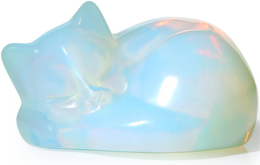 YATOJUZI 2" Cat Decors Statue Opal Moonstones Crystals Opalite Sleeping Cats Gemstone Hand-Carved Cute Animal Figurines Home Office Desk Decor Stocking Stuffers Cat Themed Ornaments Gifts for Women