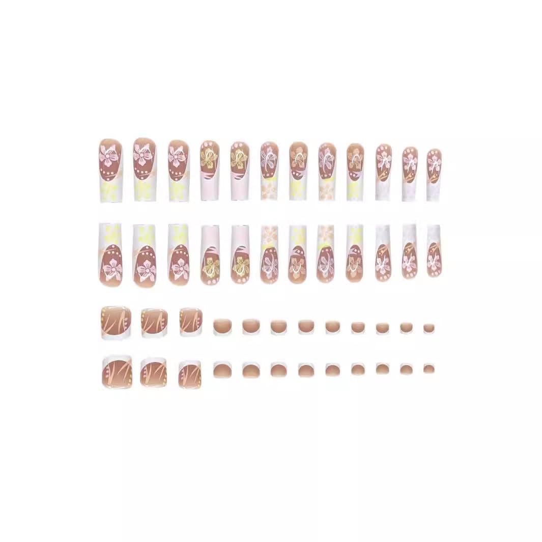 CTTHNBD Press On Coffin & Toenail Set, French Tip Flower Line Nail Set, Full Cover Stick on Acrylic Nails Glue, Manicure 48Pcs