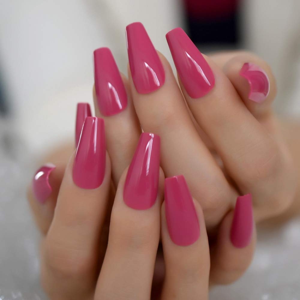 Coolnail Glossy 24pcs Dark Rose Pink Coffin False Nail Tips Acrylic Salon Full Cover Artificial Press On UV Fake Nails With Glue Sticker