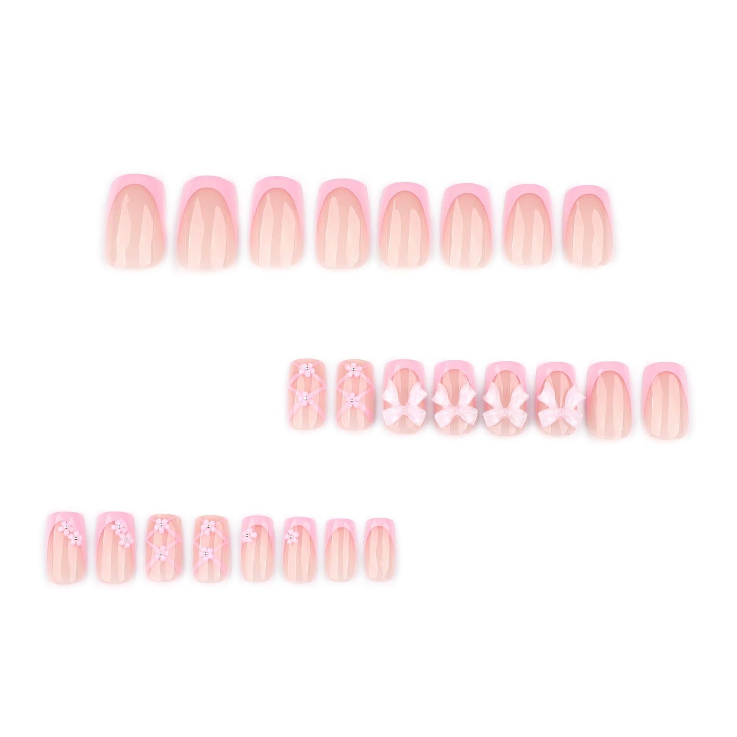 CTTHNBD Medium Press on Square Nails - Pink French Tip Fake Nails with Flower Bow Design - Glossy Stick on False Nails for Women - 24 Pcs