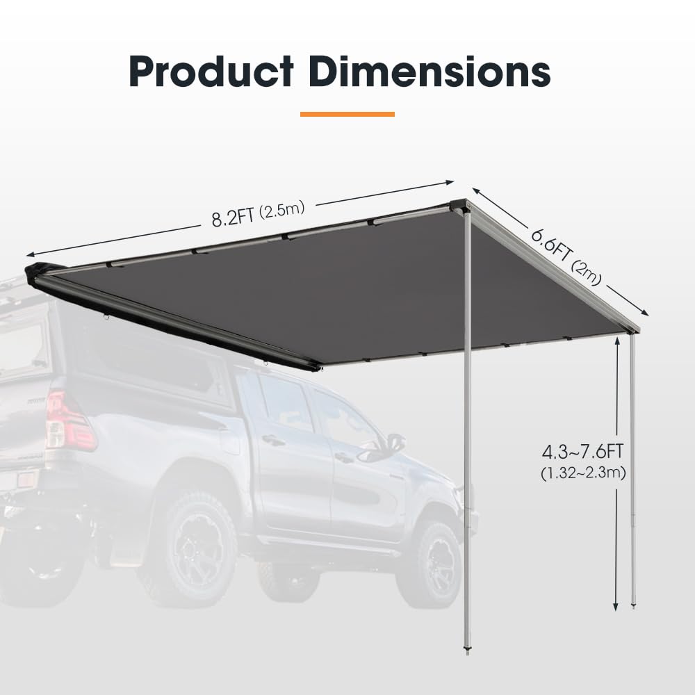 SanHima Vehicle Awning 6.6ft x 8.2ft - Roof Rack Pull Out Side Awning 54ft² Sun Shade UPF50+ Weatherproof for Camping Car SUV Truck Van