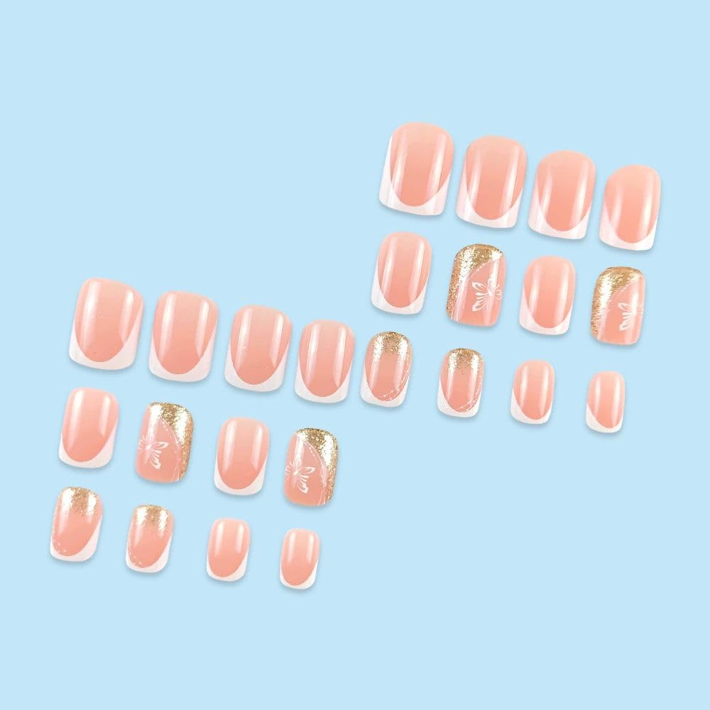 QQPPOLIU Short French Tip Press on Nails with Flower Design Glitter Full Cover Nails Cute Acrylic Nails for Women and Girls 24pcs
