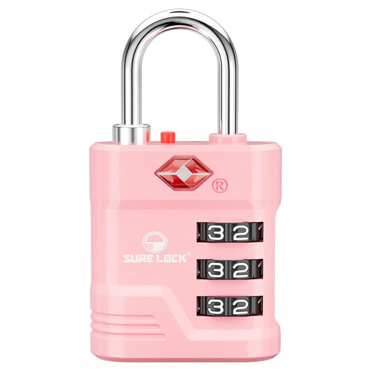 SURE LOCK TSA Approved Luggage Lock – 3-Digit Resettable Combination Padlock with Open Alert Red Dot, Large Easy-Read Dials for Suitcases, Backpacks, Gym & School Lockers(Pink 1 pk)