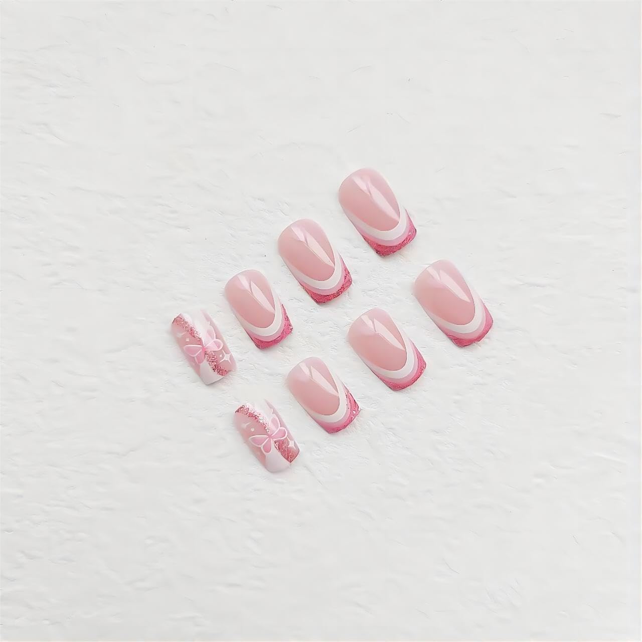 24Pcs Medium Press on Nails Square Fake Nails wiht Glitter Pink Butterfly and Heart/Love Designs False Nails French Tip Acrylic Nails Glossy Full Cover Stick on Nail for Women Nail Decorations