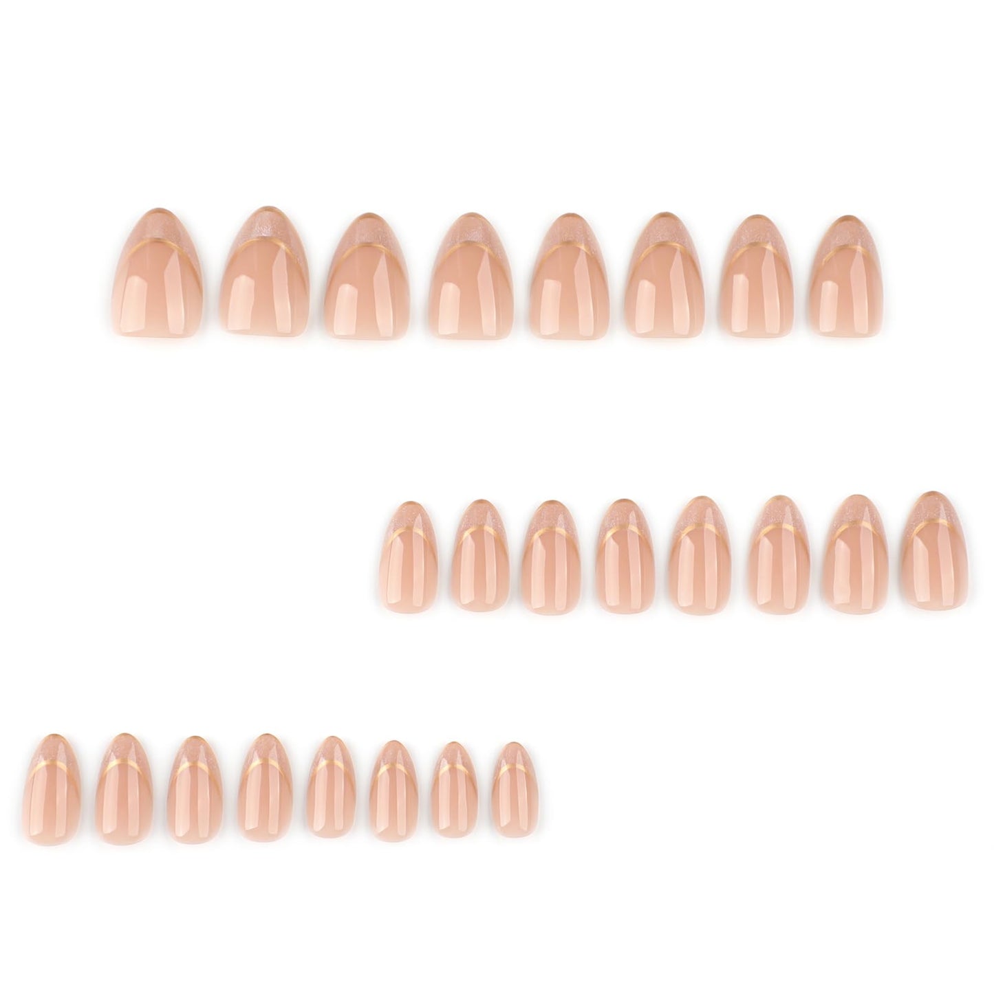 Short Almond Press On Nails – Nude Glitter French Tips with Gold Outline, Glossy Acrylic Fake Nails, Reusable Stick On Nails Kit for Women, Elegant Shimmery Manicure Set
