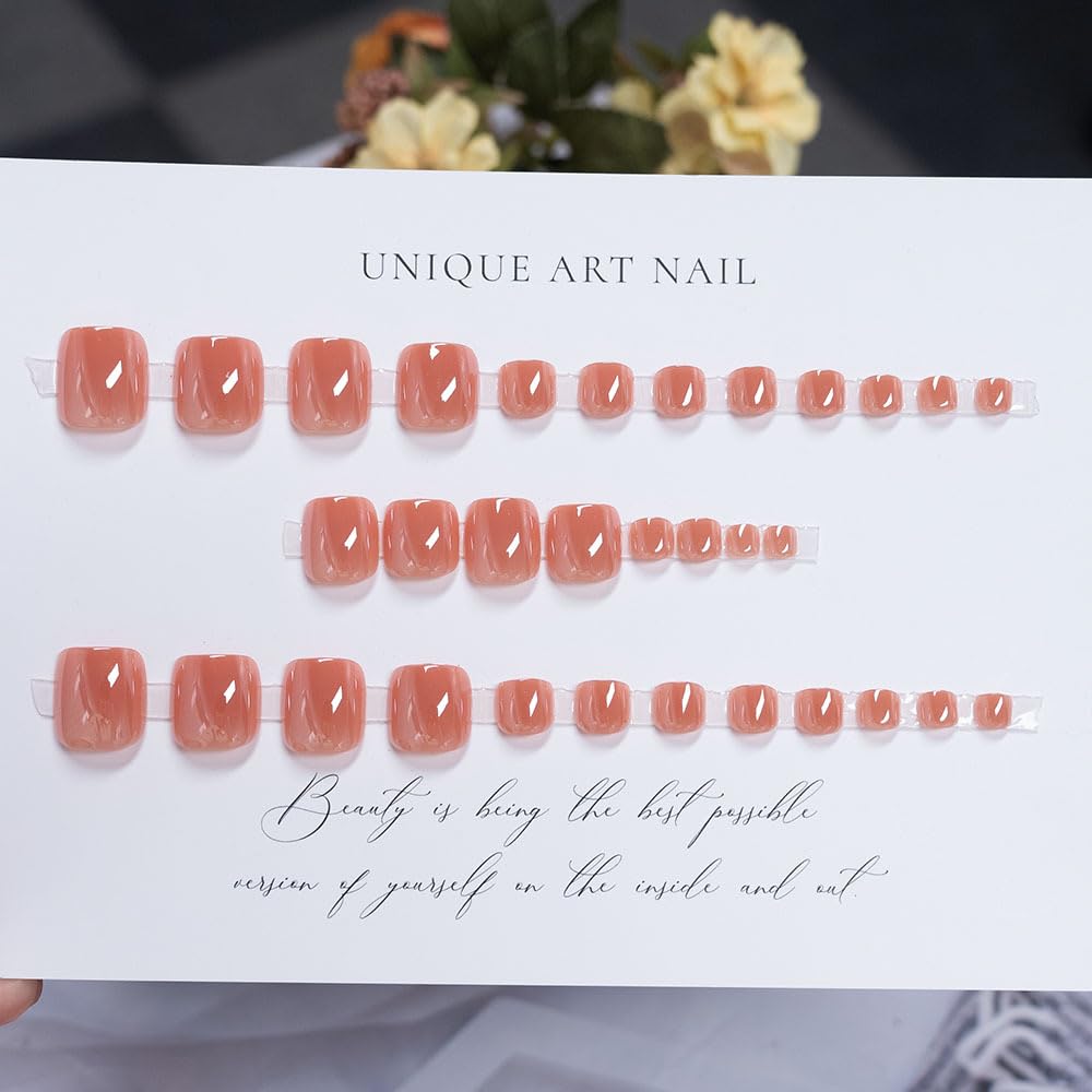 32Pcs Chrome Press on Toenails Short Square Fake Toe Nails Nude Pink Solid Color False Toe Nails Glossy Shiny Mirror Acrylic Toenails Cute Reusable Full Cover Glue on Toe Nail for Women Manicure