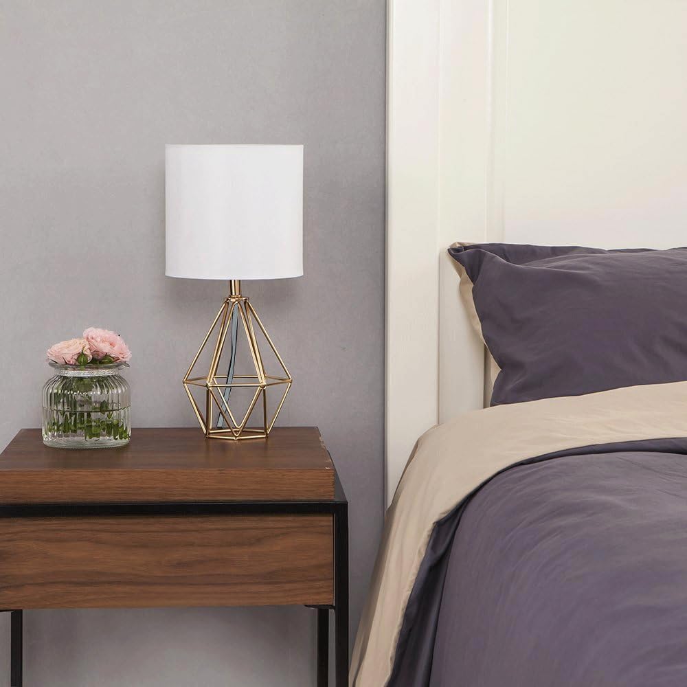 COTULIN Gold Modern Hollow Out Base Bedroom Small Table Lamp,Bedside Nightstand Lamp with Geometric Metal Base White Fabric Shade,Cute Desk Lamp for Kids Living Room
