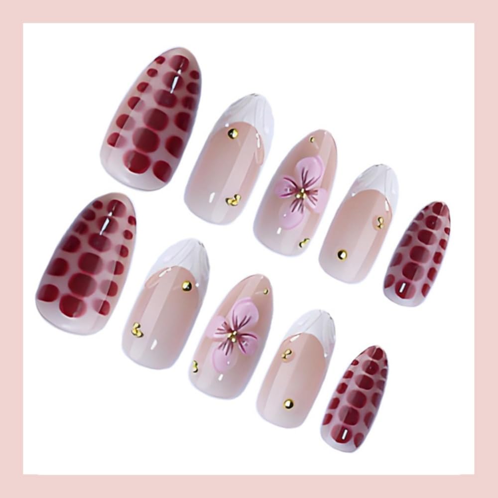 Almond Press on Nails Short Fake Nails with 5D Flower Charm Design Glossy White French Tips Acrylic Nail Turtle Shell Nail Press ons Reusable Cute Spring Summer False Nail for Women Manicure 30Pcs