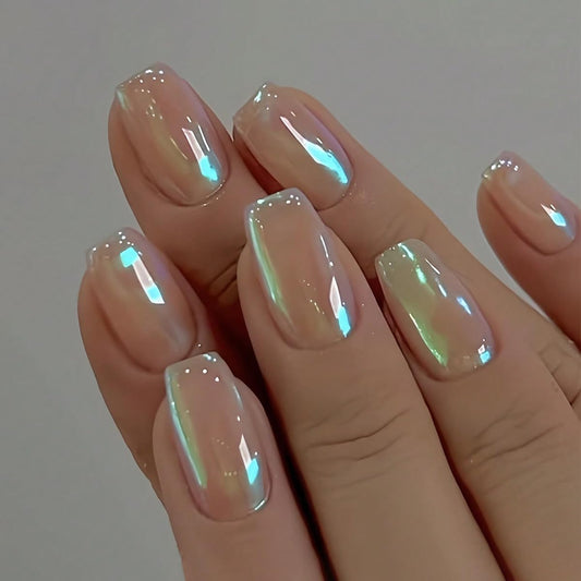 Chrome Press on Nails Short Square Fake Nails with Aurora Design Stick on Nails Color Powder Mirror Metal Plating False Nails Artificial Acrylic Nails Full Cover Glue on Nails for Women Manicure 24Pcs
