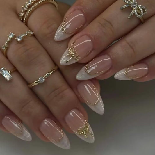 MAGLFELL Press On Nails - Handmade French Almond Shape Nails, Cute 3D Bow Fake Nails, 10 Pcs Reusable Artificial White False Nails for Women (Size L)