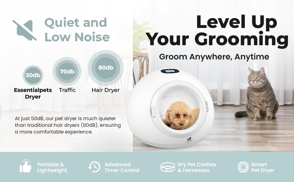 EssentialPets 55L Smart Pet Grooming Dryer Box - Quick, Low Noise, Self Dry, Portable & Fast Hair Drying for Dogs, Cats, and Small Pets |Dries Pet Clothes| Temperature and Timer Control, Spa Treatment