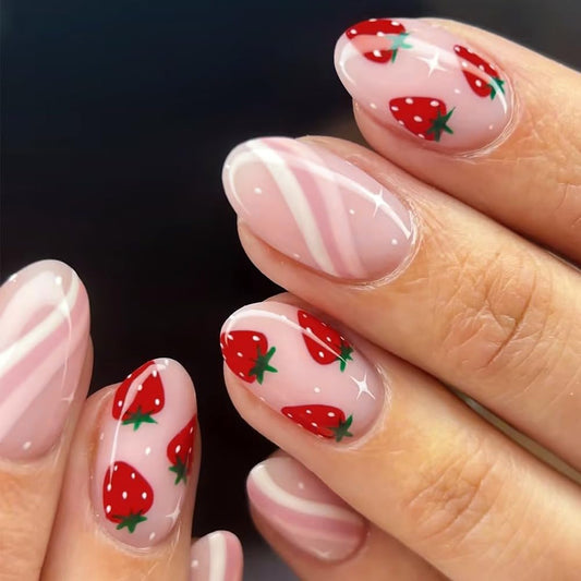 Cute Pink Press on Nails Short Oval Acrylic Fake Nails Sweet Strawberry False Nails with Stripes Design Glossy Artificial Glue on Nail Full Cover Stick on Nails for Women and Girls 24 Pcs