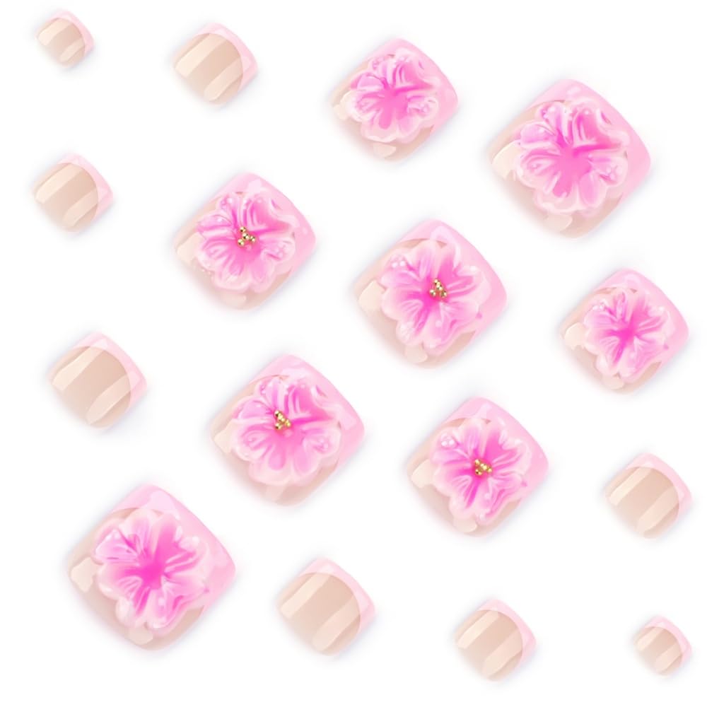 Press on Toenails Flower Fake Toenails Pink False Toe nails Press ons with Design 3D Floral Glue on Toe Nail Acrylic Stick on Toenail for Women 24Pcs