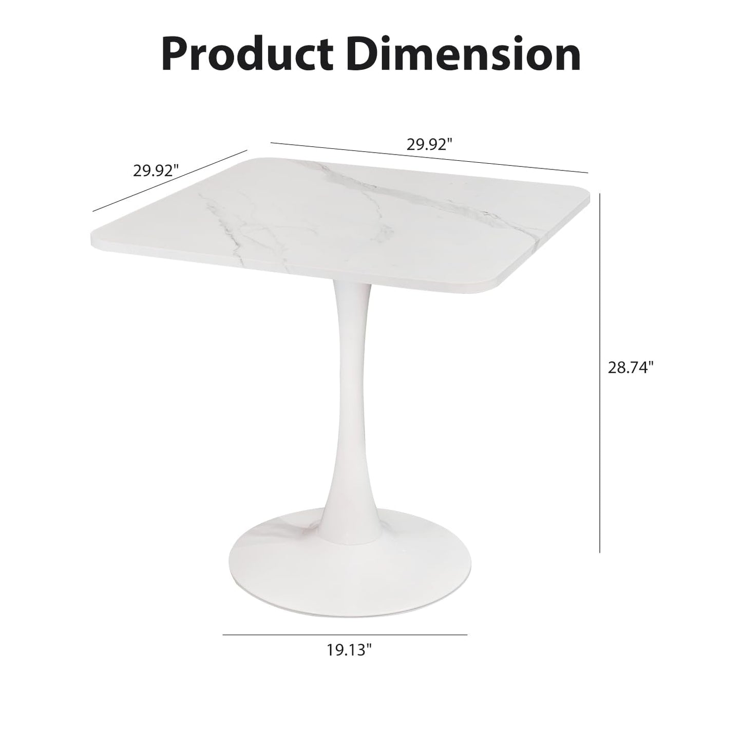 Square Modern Dinning Table 30 inches for 2-4 Bistro Tulip Table with Faux Marble top,Easy Install Construct,no Wobble,Stable Sturdy Metal Frame Diameter 30in*H28.74in(White, 30in)