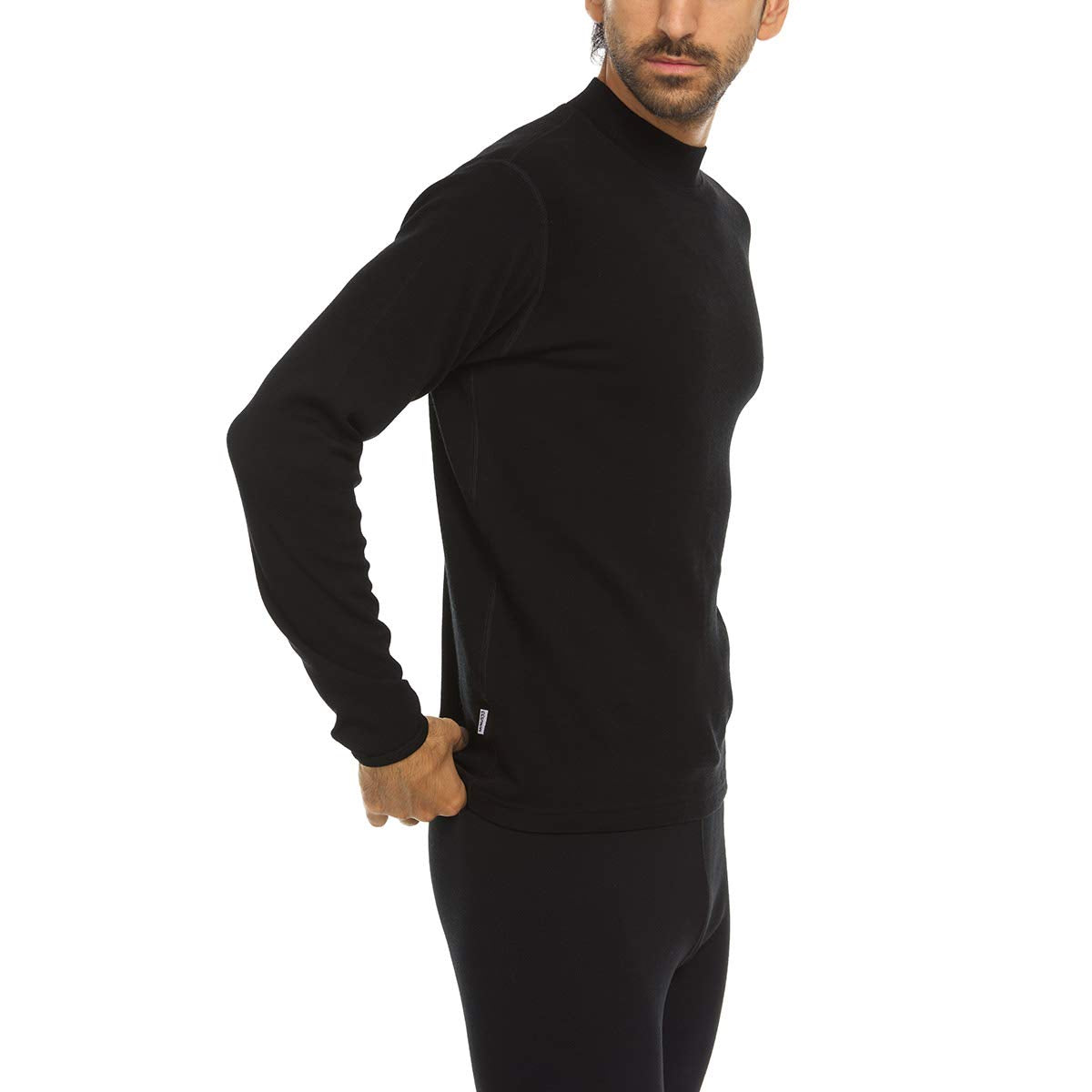 100% Merino Wool Men's Midweight Mock Neck - Base Layer Top - Warm Under Shirt - Black - Large
