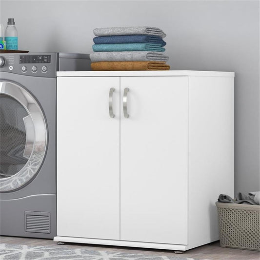 Maklaine Engineered Wood Laundry Room Cabinet, 28W x 25D x 34H, White Finish, Adjustable Shelves, 2 Doors with Euro Hinges, Freestanding Utility Storage for Laundry Room Organization