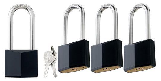 ROOKMAD 4-Pack Keyed Alike Locks, Black Covered Brass Keyed Padlock with Stainless Steel Long Shackle, 1-9/16 Inch Lock Body, Rustproof Locks for Gate Fence Hasp Cabinet Toolbox Gym or School Locker
