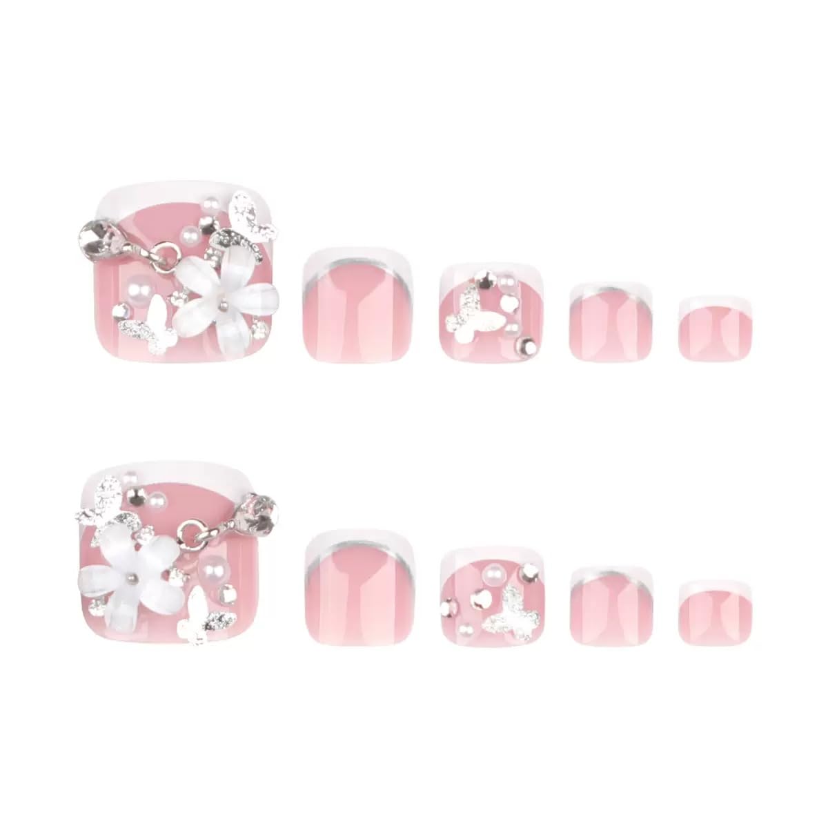 White French Tip Press on Toenails - Short Square Fake Toenails with Flower Design - Rhinestone, Summer Press on Toe Nails - for Women 24 Pcs