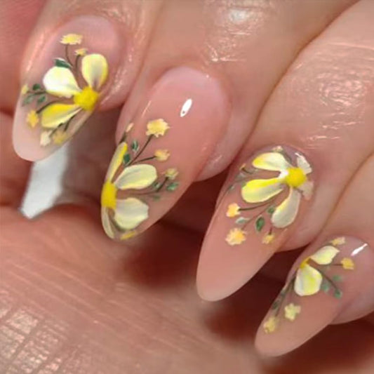 24Pcs Medium Length Press on Nails French Almond Shaped With Floral Design And Acrylic Artificial False Nails Kit Full Cover Nude Glossy With Fake Nail Suitable Women and Girls