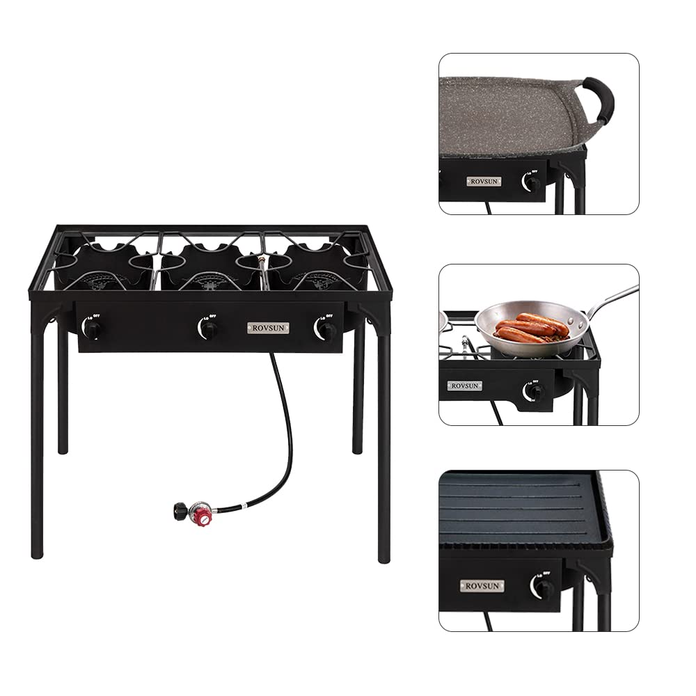 ROVSUN 3 Burner Outdoor Propane Gas Stove with Regulator, High Pressure 225,000 BTU Stand Cooker for Backyard Cooking Camping Home Brewing Canning Turkey Frying