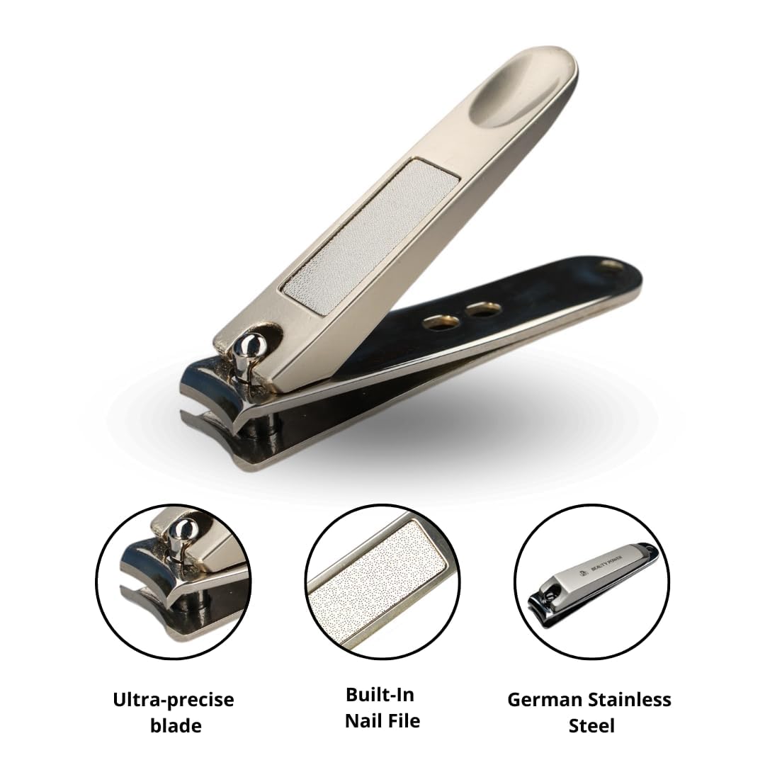 Beauty Power Nail Clippers Set 3 in 1 - Stainless Steel Toe Nail Clippers, Fingernail Clipper, Glass Nail File, Anti Splash, Ergonomic Grip in Black PU Leather Travel Case for Men & Women - Gift Idea
