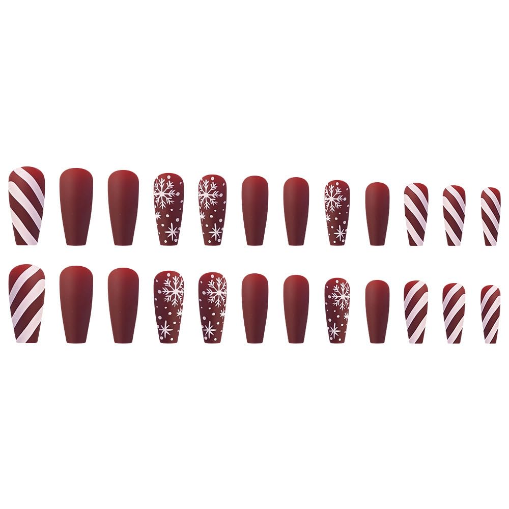 Christmas Press on Nails Long - Coffin Fake Nails with Snowflake Stripes Design - Red Full Cover Stick on False Nails -for Women 24 Pcs