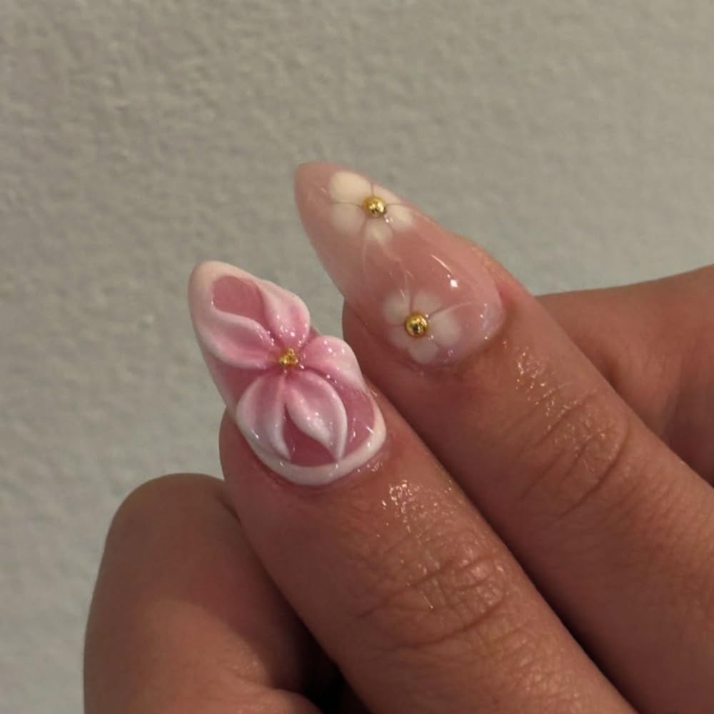 French Tips Press on Nails Medium Almond Fake Nails with 5D Flower Charm Design Glossy Ombre Pink Nails Press on Reusable Rhinestones False Nail Spring Summer Nail for Women Manicure 24Pcs