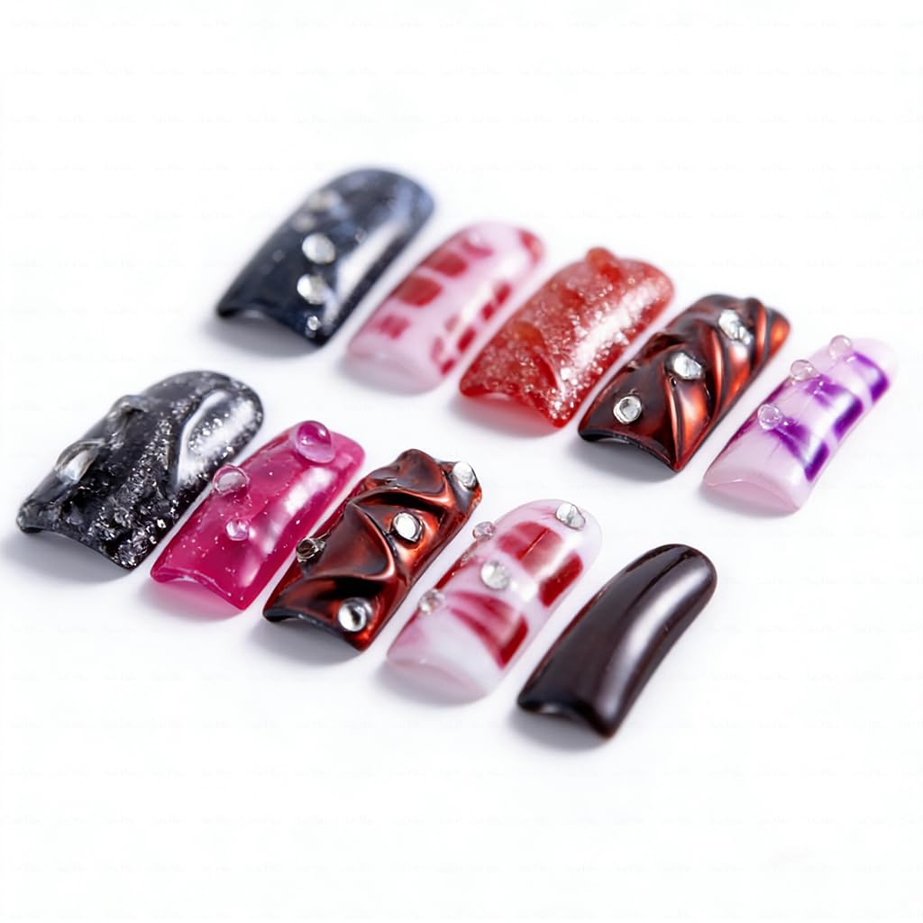 IntoVibes 10 Pieces Candy Pop Mix Long Duck Press On Nails, Multi-Color Y2K Design, Reusable Fake Nails with Mixed Patterns, Reusable Fake Nails, Acrylic Nails (M)