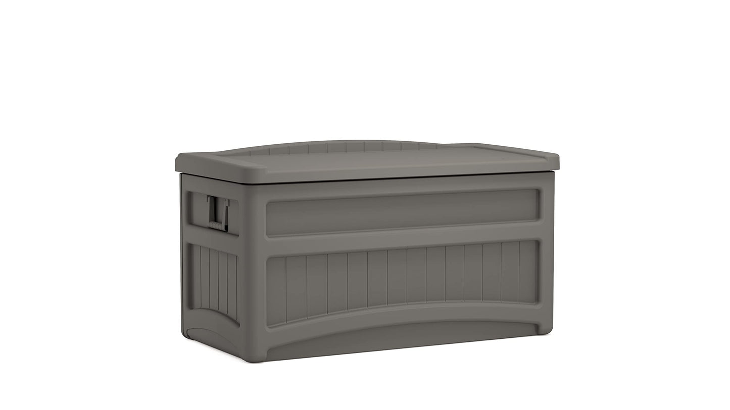 Suncast Outdoor Storage Box - 73 Gallon Stoney Resin Deck Box with Wheels, Handles, and Seat, Heavy-Duty Indoor/Outdoor Storage Bench for Patio Cushions, Shoes, Pool & Garden Gear