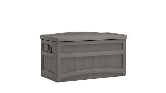 Suncast Outdoor Storage Box - 73 Gallon Stoney Resin Deck Box with Wheels, Handles, and Seat, Heavy-Duty Indoor/Outdoor Storage Bench for Patio Cushions, Shoes, Pool & Garden Gear