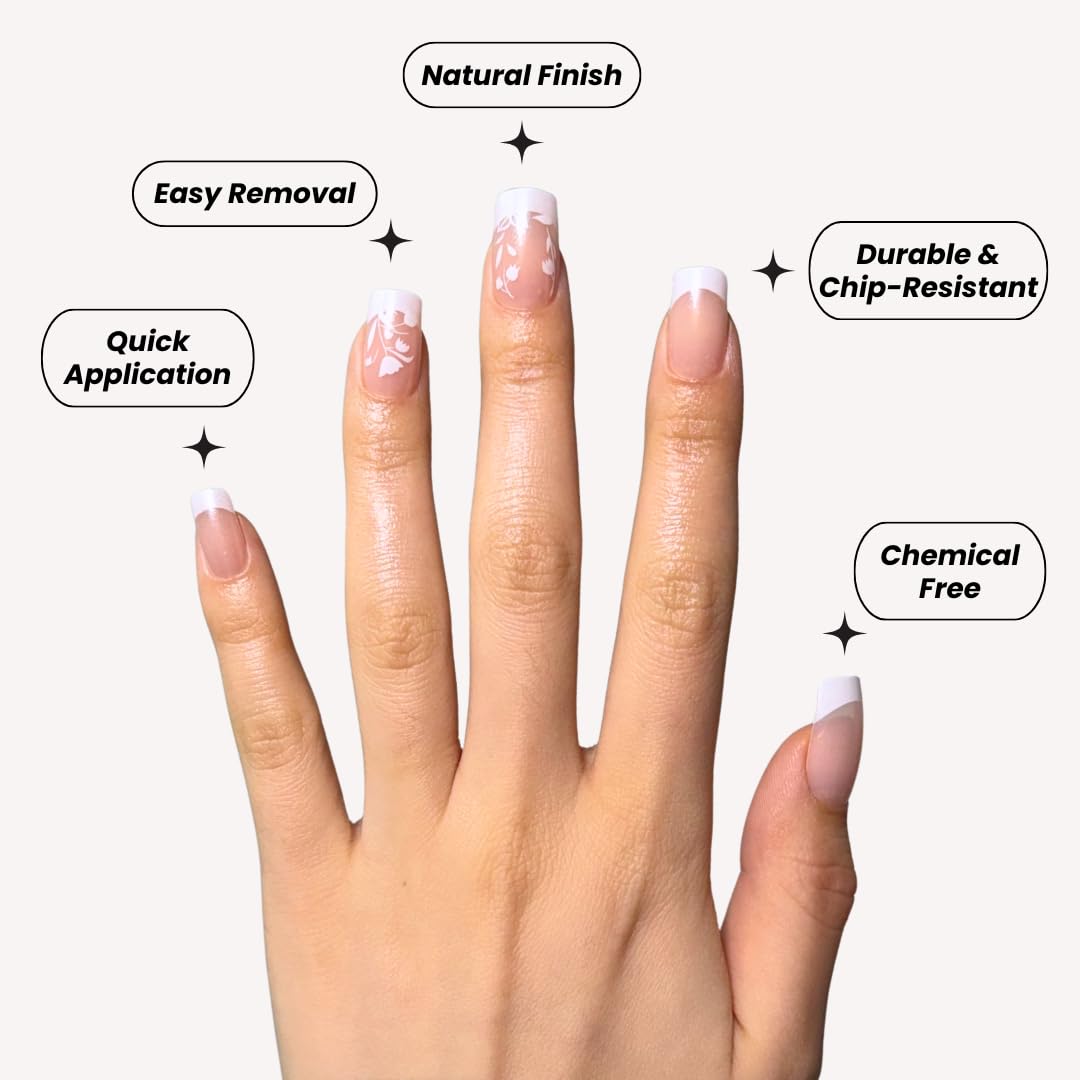 PerfectLook Press On Nails - Floral French | No Glue One-Day Medium Square Nails, Nude Glossy Nails with Flower Tips - 24 Pcs Nail Kit with Adhesive Tabs