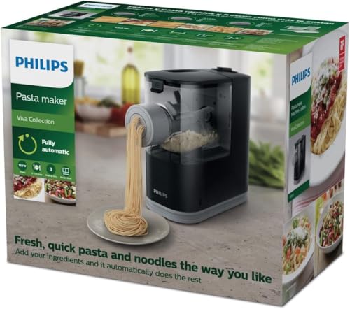 Philips Kitchen Appliances Compact Pasta and Noodle Maker, Viva Collection, Comes with 3 Default Classic Pasta Shaping Discs, Fully Automatic, Recipe Book, Small, Black (HR2371/05)
