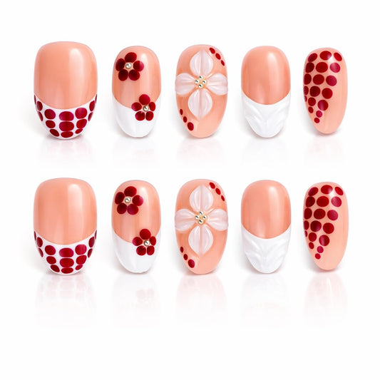 IntoVibes 10 Pieces Handmade Short Almond Press On Nails, Pink Thickened False Nails, Red Dots And 3D Flower, Reusable Fake Nails Almond, Reusable Acrylic Nails (M)