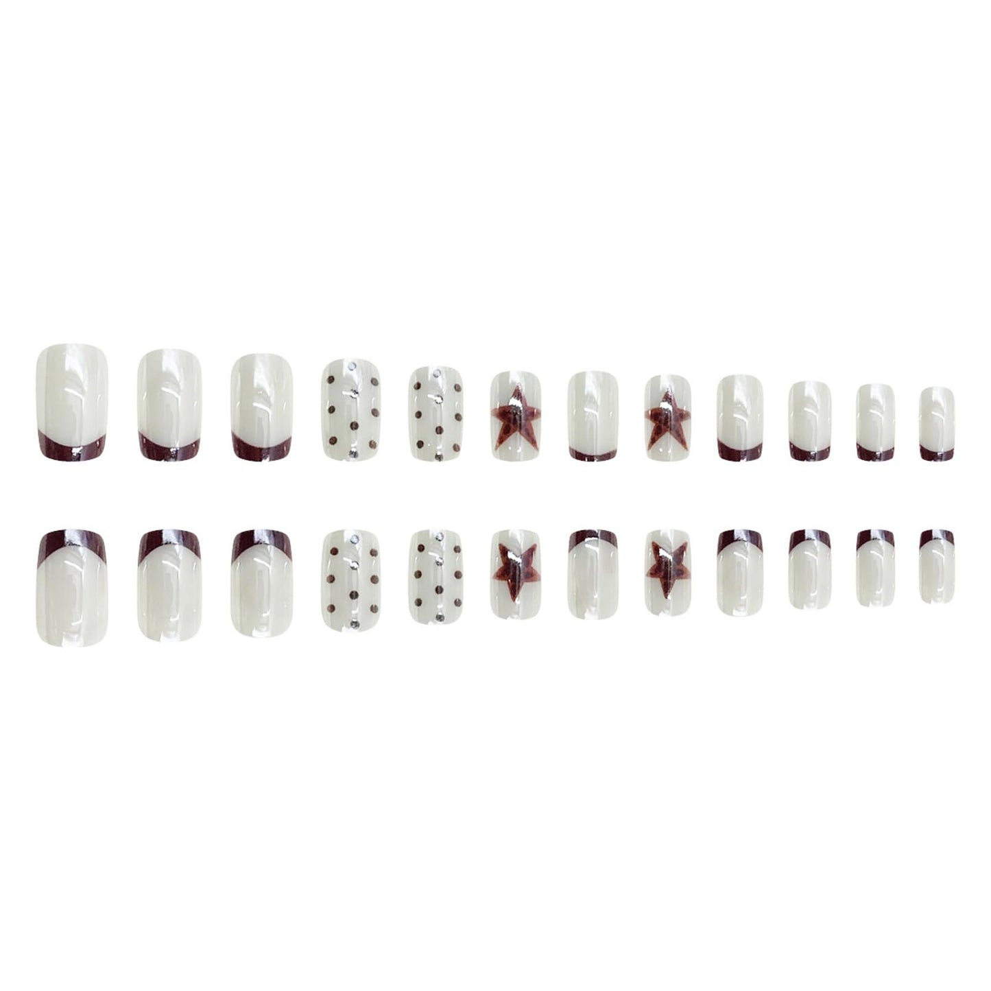 SINHOT Coffin Press on Nails - Medium Fake Nails, Glossy Finish, Polka Dot & Brown Star, Reusable Artificial False Nail Art - 24 Pcs Nail Kit with Glue