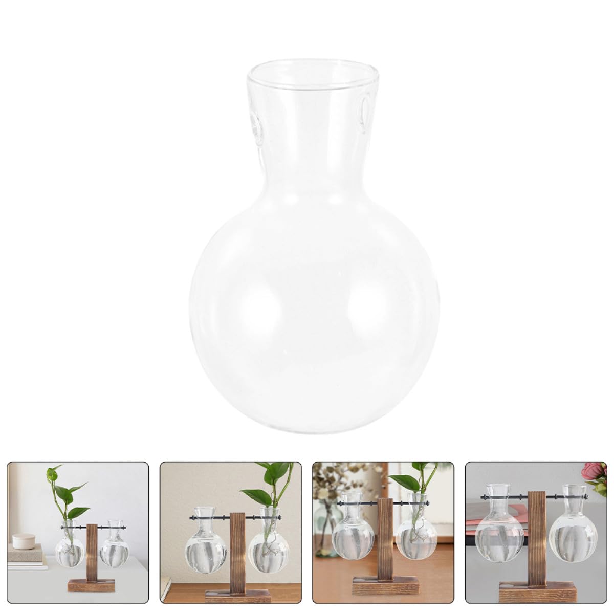 VALICLUD 3Pcs High Borosilicate Glass Flower Vases with Holes and Wooden Stand, Hydroponic Plant Propagation Jars for Indoor Terrarium and Floral Arrangement