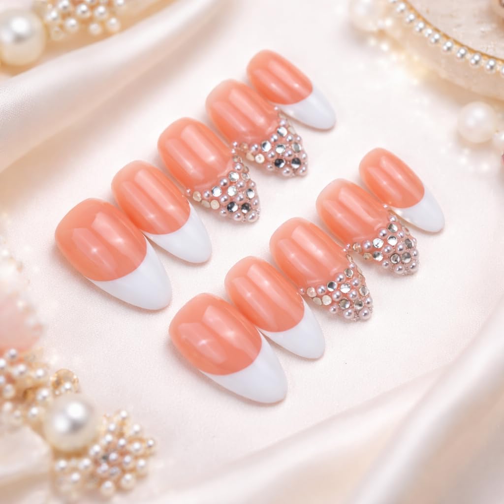 IntoVibes 10 Pieces Handmade Press On Nails Medium Almond, White Thickened French False Nails, Pearls And Rhinestone, Reusable Fake Nails Almond, Reusable Acrylic Nails (L)