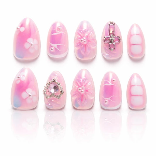 IntoVibes 10 Pieces Handmade Short Almond Press On Nails, Pink Thickened False Nails, Heart Shaped Rhinestone And Flower, Reusable Fake Nails Almond, Reusable Acrylic Nails (L)