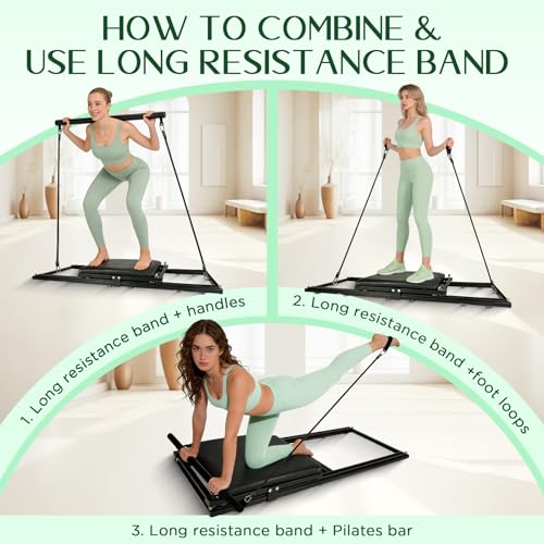 Pilates Board, Foldable Pilates Reformer Set, Multi-Purpose Iron Extended Pilate Equipment, 7-in-1 Pilate Machines for Home Use, with Pilates Bar, Resistance Bands