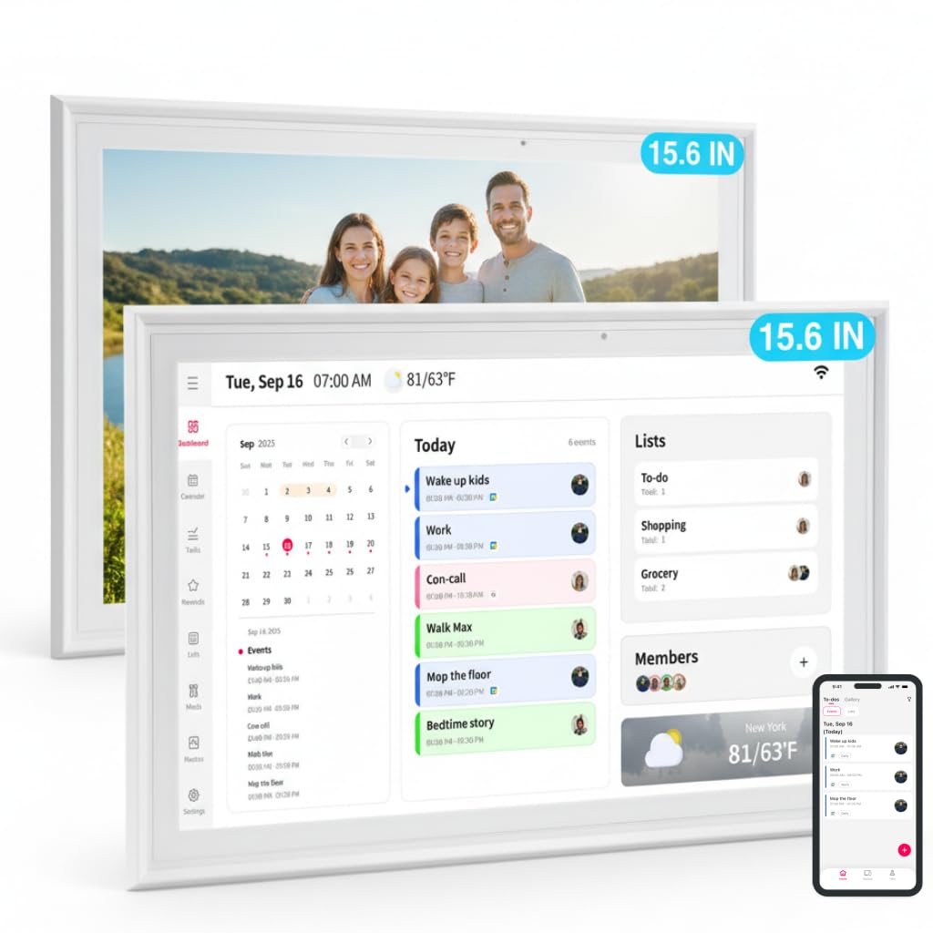15.6" Smart Digital Calendar,Family Command Center Large Wall Planner with Chore Chart & Meal Planning, Real-time Sync with Google/Outlook, HD Digital Photo Frame, Gift for Parents & Busy Families